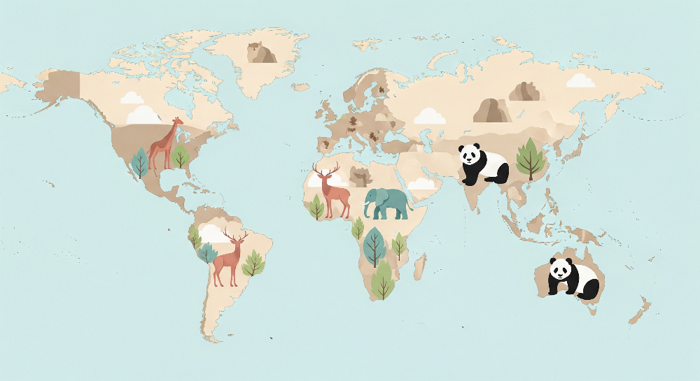 Beige World Map with Giraffe and Deer Wall Mural