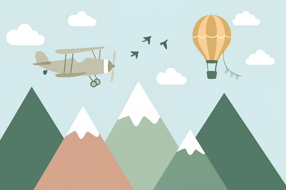 Biplane and Hot Air Balloon Mountain Wall Mural