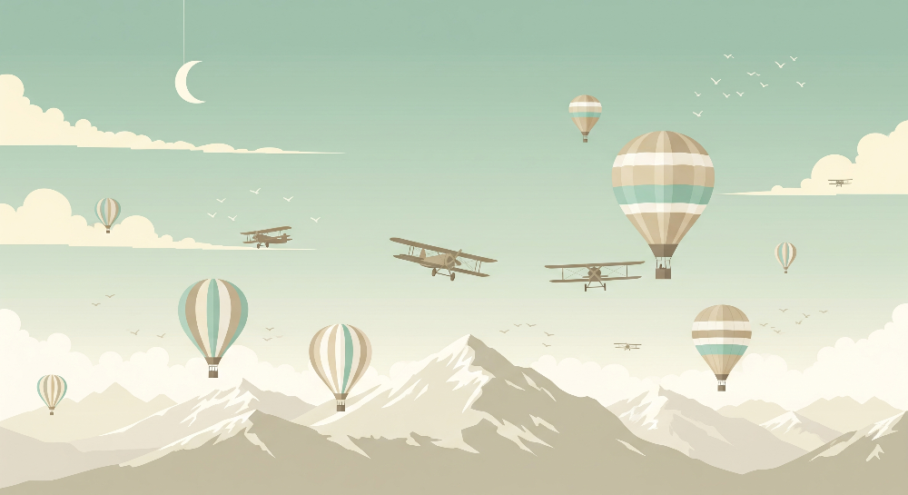 Biplane Squadron and Balloons Above the Mountains Wall Mural