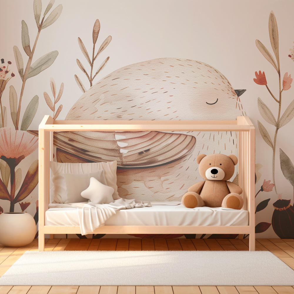 Watercolor bird and floral mural wallpaper creating serene children's bedroom decor