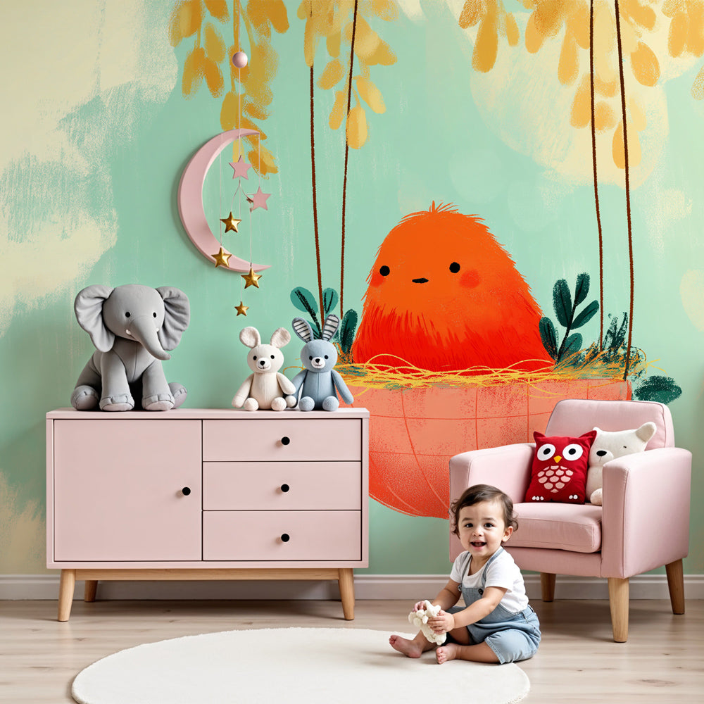 Cute orange bird mural wallpaper in modern baby nursery with wooden crib by Kids-Mundo