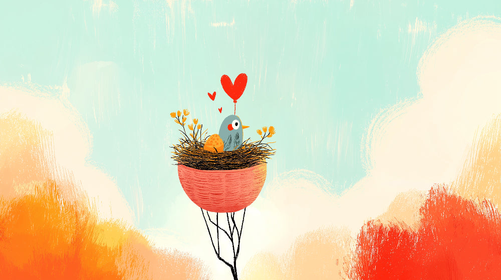 Detailed bird nest mural wallpaper design pattern with flowers and hearts by Kids-Mundo