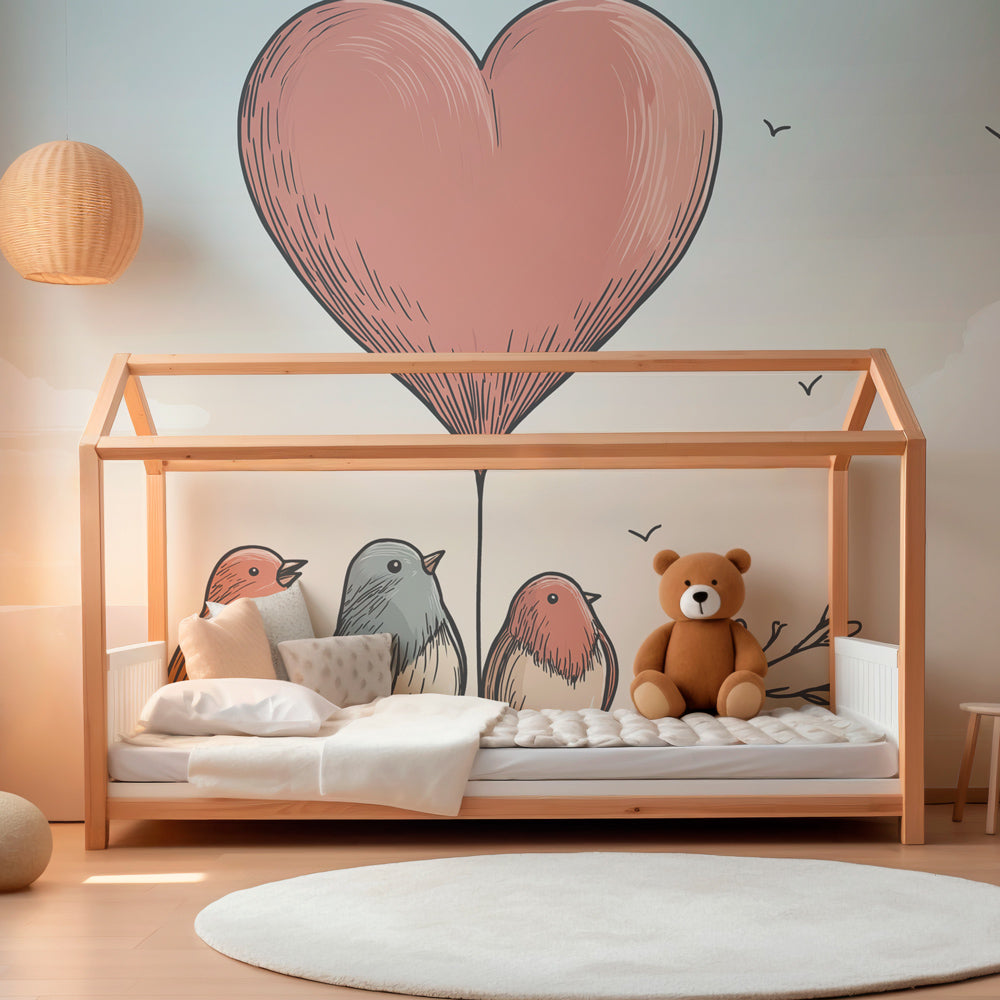 Love balloon birds wallpaper transforming toddler bedroom with gentle pastel colors