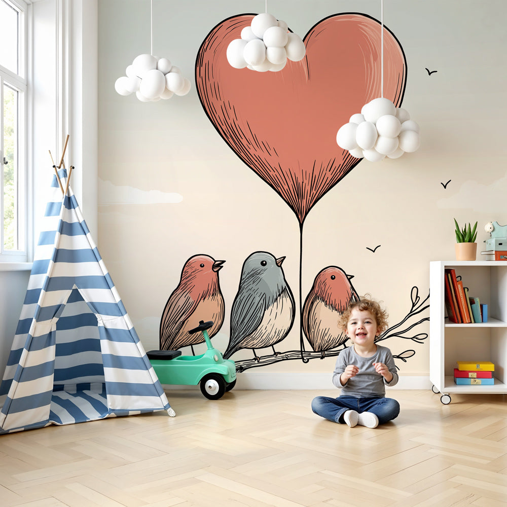 Birds heart mural wallpaper creating loving atmosphere in modern baby nursery by Kids-Mundo