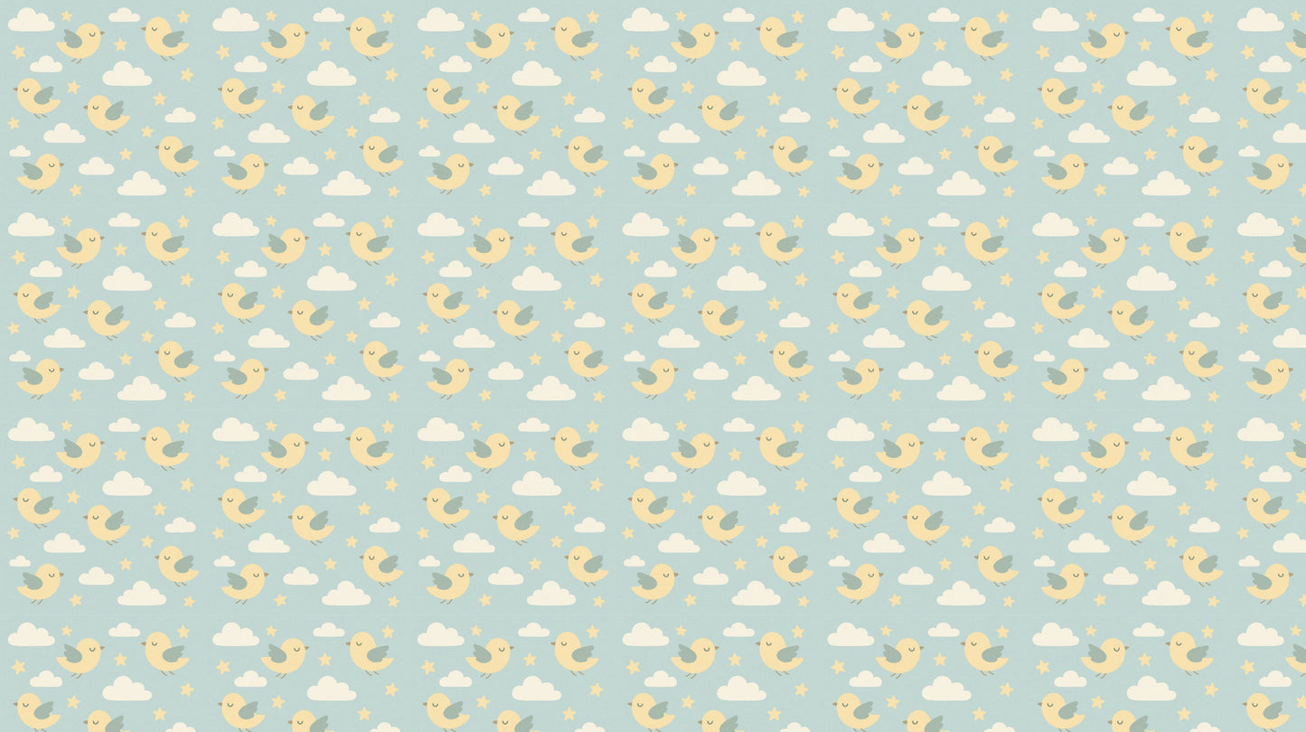 Detailed birds mural wallpaper design pattern showing smiling characters and cloud motifs by Kids-Mundo