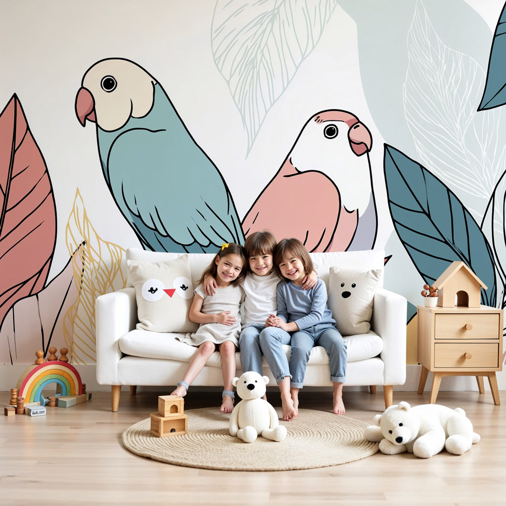 Colorful birds mural wallpaper creating serene nature atmosphere in modern nursery by Kids-Mundo