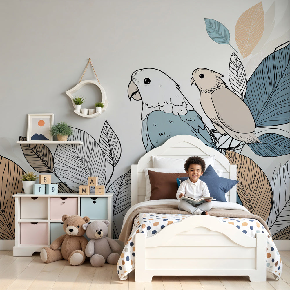 Birds and foliage mural wallpaper in elegant nursery setting by Kids-Mundo