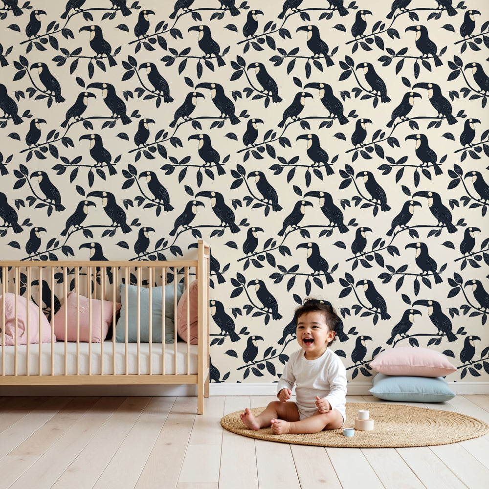 Colorful bird mural wallpaper creating tropical paradise atmosphere in modern kids nursery by Kids-Mundo