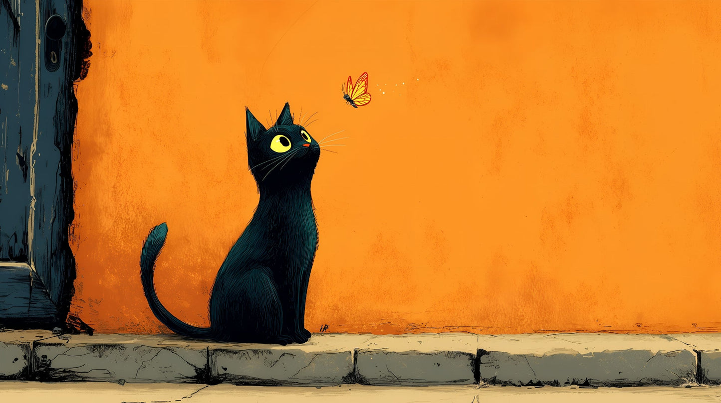 Kids-Mundo flat artwork of a black cat watching an orange butterfly against a warm orange wall