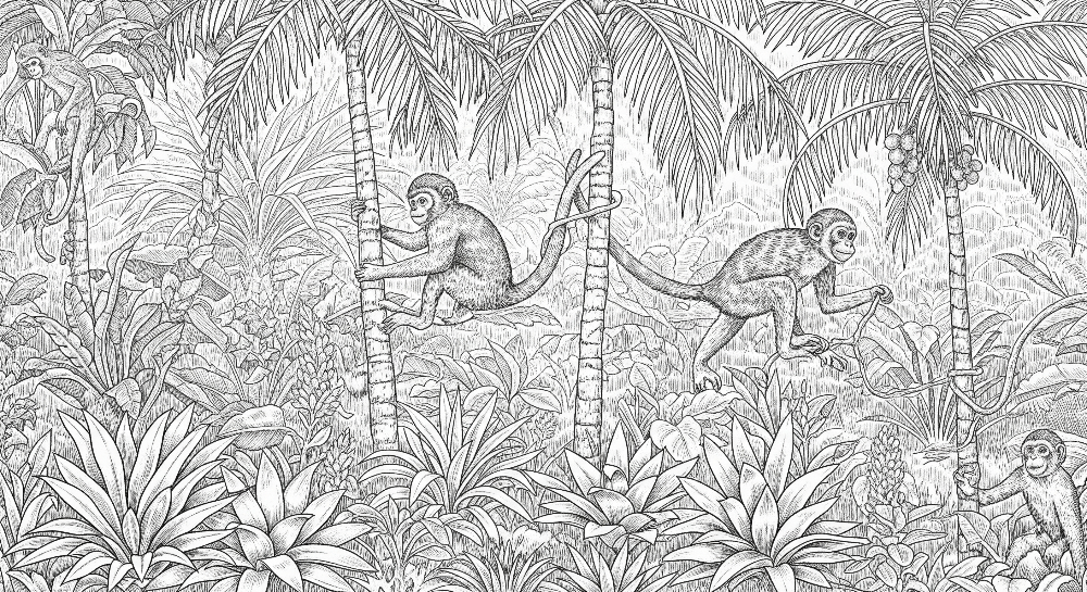 Black and White Jungle Monkeys Wall Mural