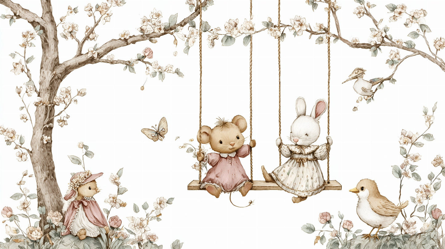 Kids-Mundo flat artwork of a mouse and rabbit swinging beneath a blossom tree with woodland friends nearby.