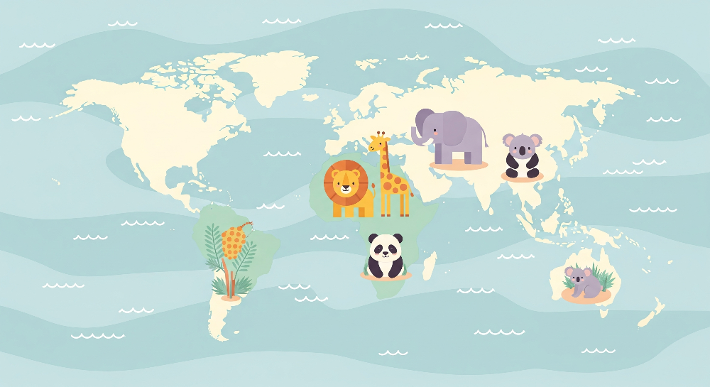 Blue Ocean World Map with Safari Animals Wall Mural