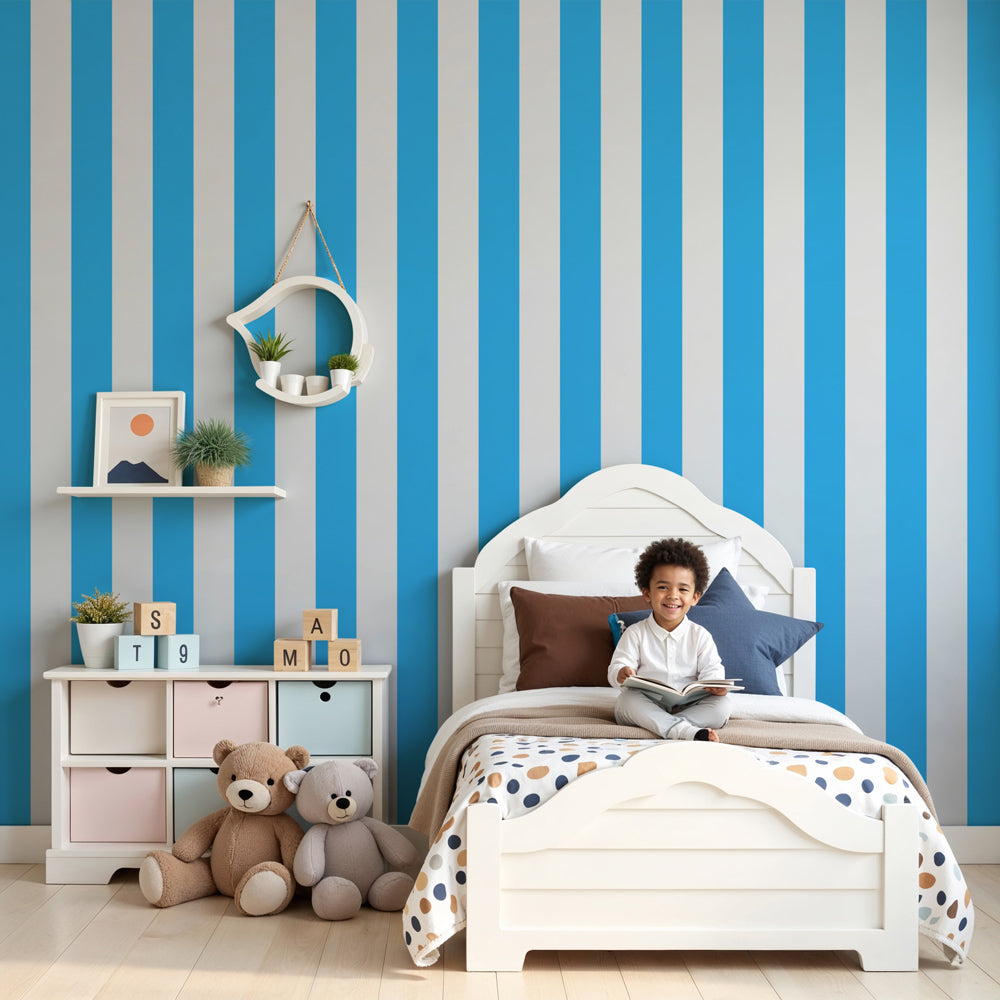 Blue and white striped mural wallpaper in modern nursery with wooden crib by Kids-Mundo