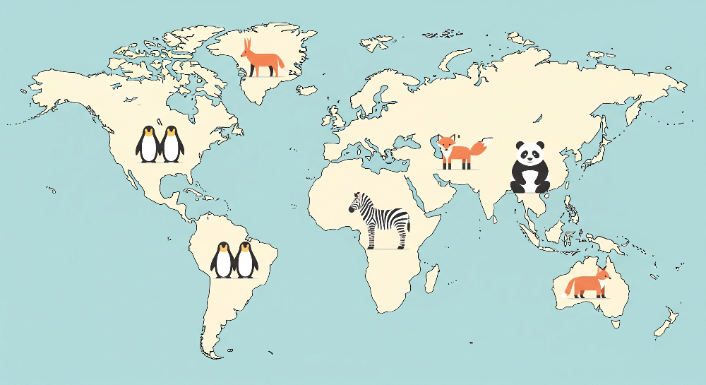 Sky Blue World Map with Penguins and Zebra Wall Mural