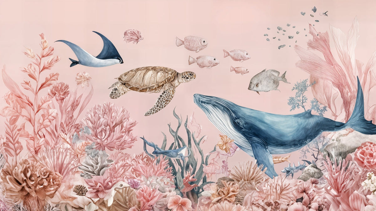 Blush Pink Ocean Reef with Turtle and Whale Wall Mural