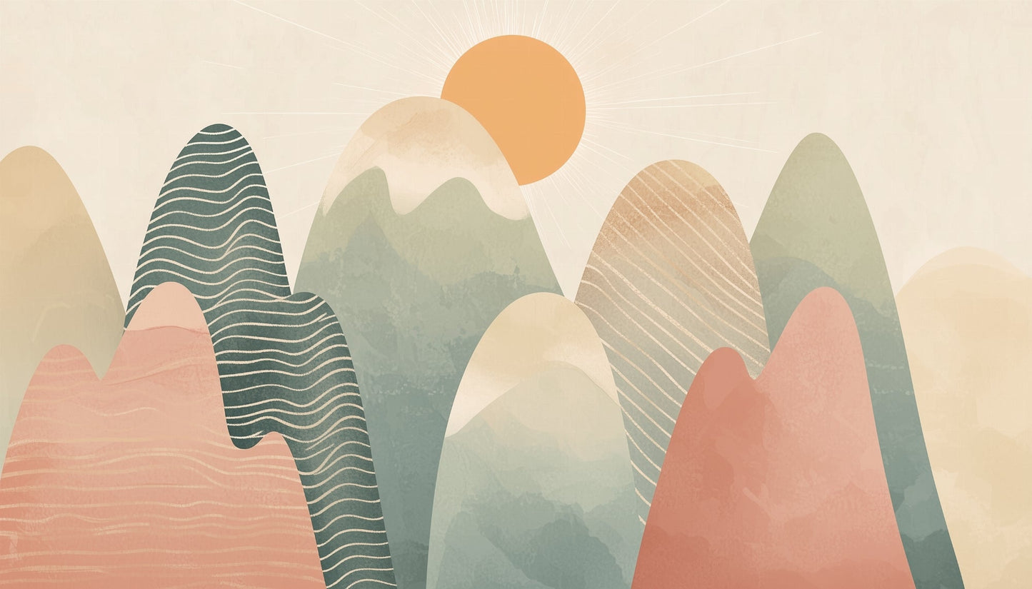 Kids-Mundo boho pastel mountain wall mural flat artwork showing the complete design and colours