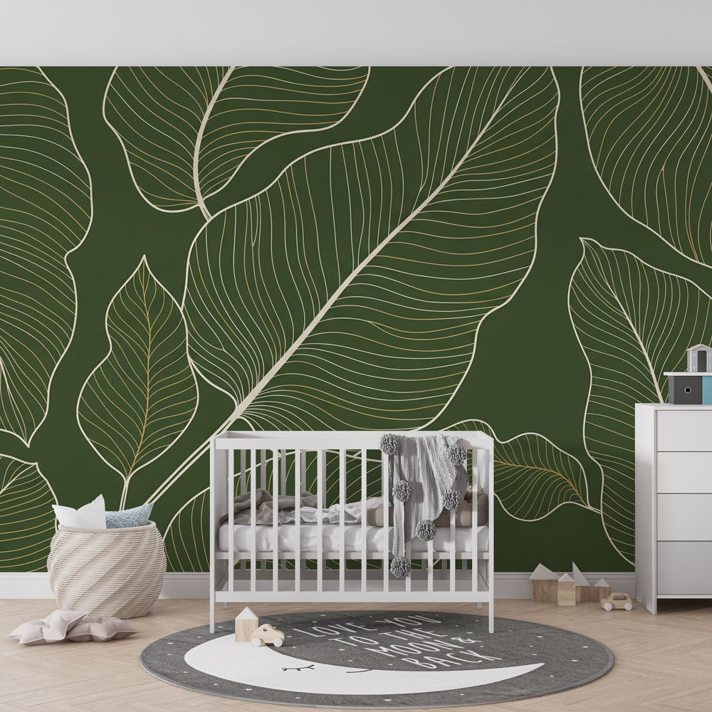 Green nature leaves wallpaper creating serene children's bedroom decor with gold accents