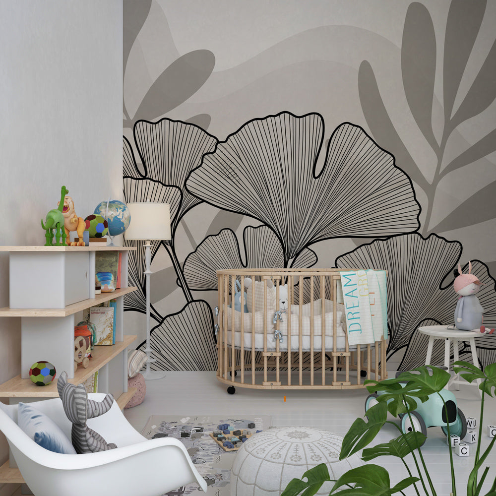 Elegant leaf pattern wallpaper in modern kids bedroom with light wood furniture by Kids-Mundo