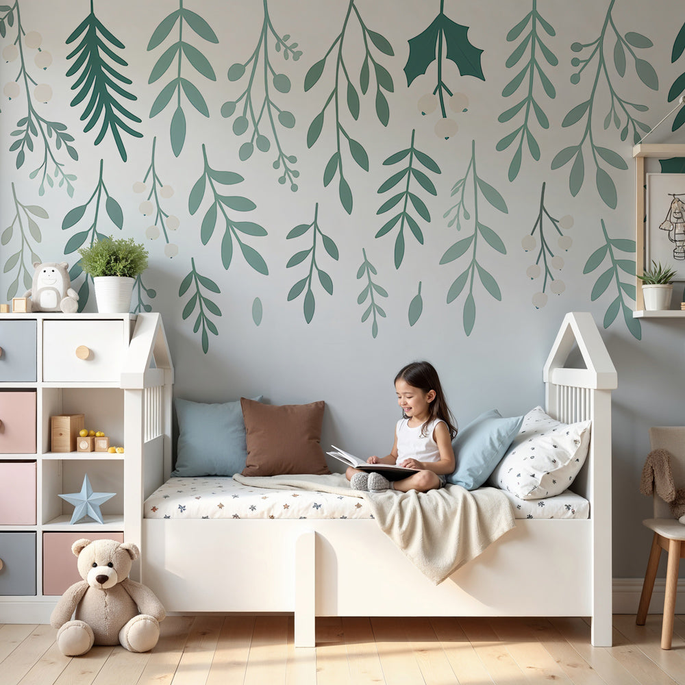 Botanical leaves mural wallpaper creating serene nursery atmosphere with natural green branches by Kids-Mundo