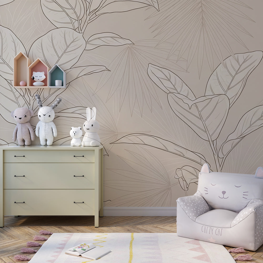 Botanical mural wallpaper creating peaceful children's bedroom with soft beige leaf patterns