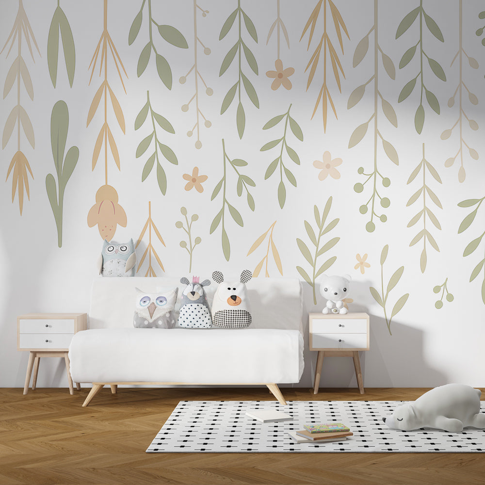 Delicate foliage wallpaper creating serene kids bedroom atmosphere with pastel botanical motifs