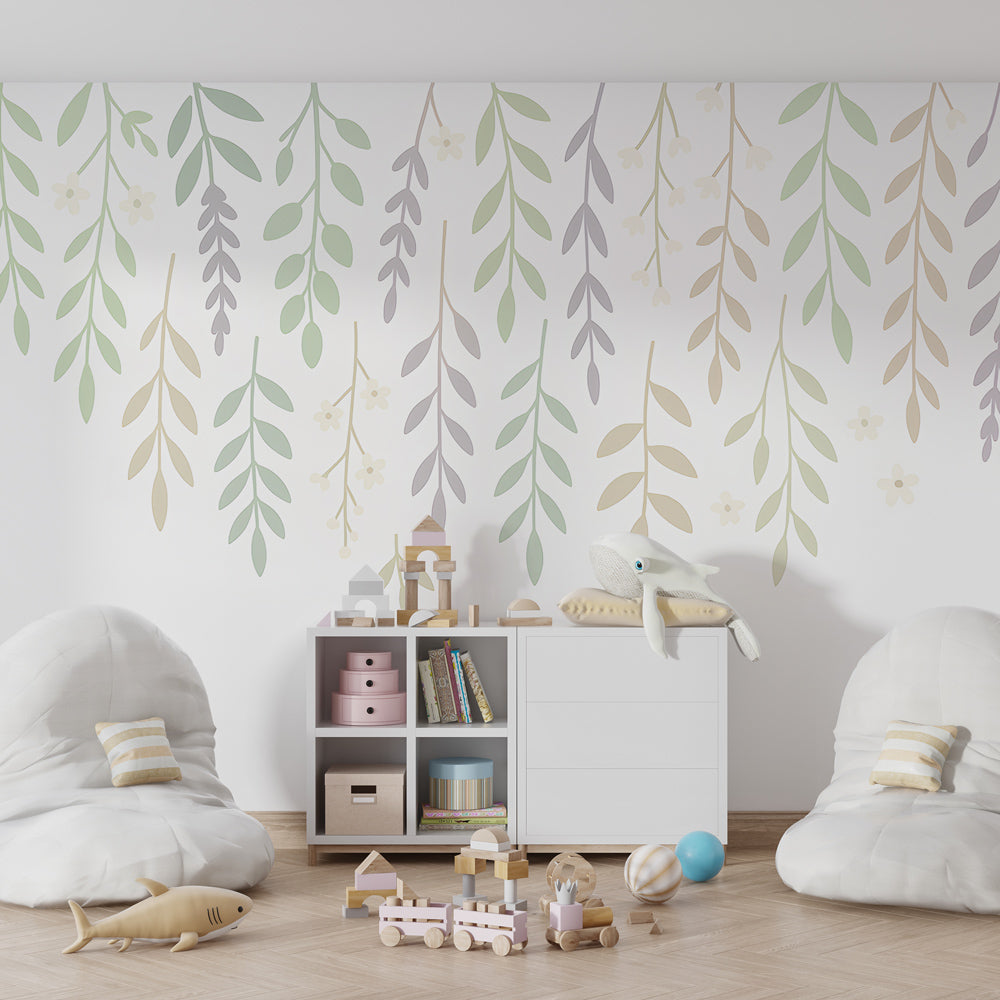 Delicate floral mural wallpaper creating peaceful children's bedroom decor with natural elements