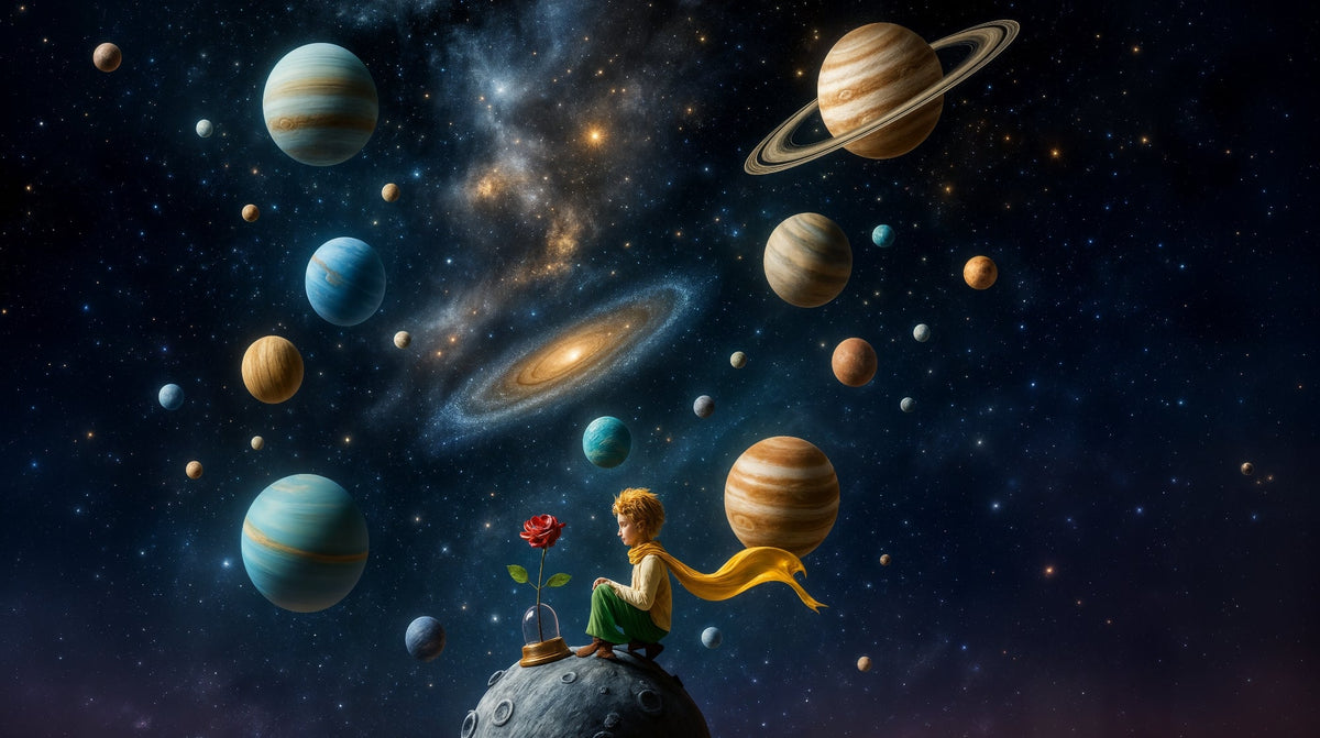 Boy on the Moon with Planets and Galaxy Wall Mural