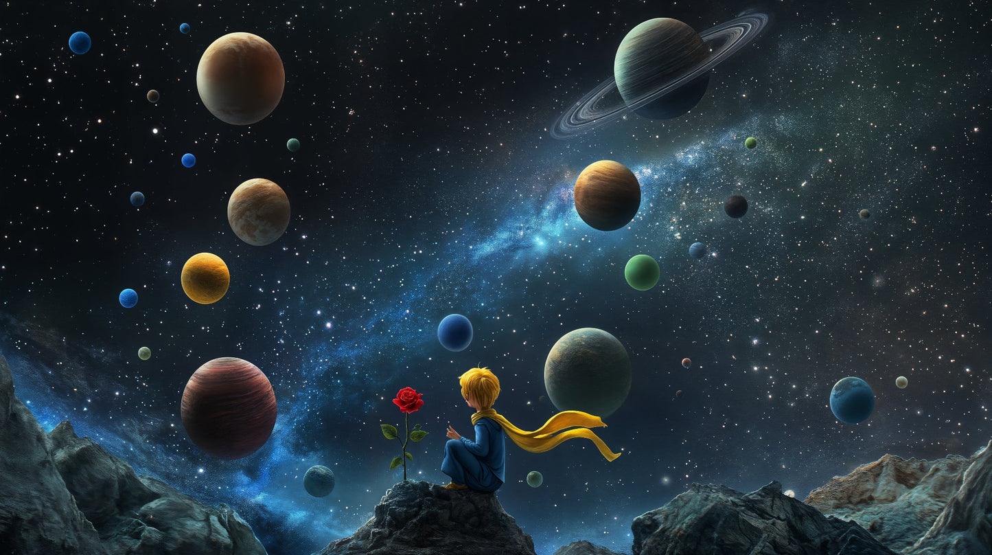 Kids-Mundo flat artwork of a small figure with a rose gazing at giant planets and the Milky Way