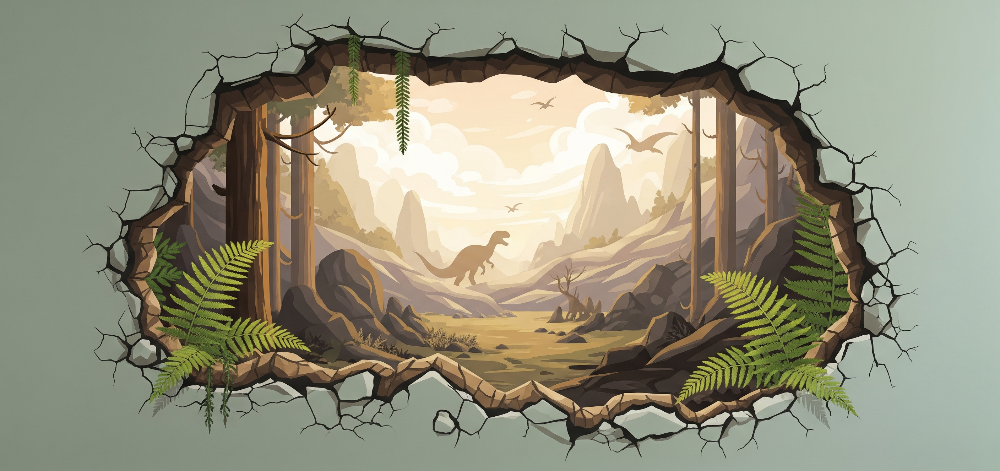 Kids-Mundo flat artwork of a dinosaur jungle scene breaking through a cracked stone wall