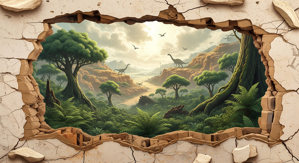 Kids-Mundo flat artwork preview of the crumbling wall jungle dinosaur mural design.