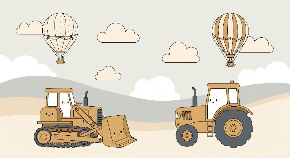 Kids-Mundo flat artwork of a smiling bulldozer and tractor with hot air balloons and clouds