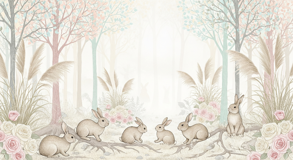 Bunnies in an Enchanted Pastel Forest Wall Mural