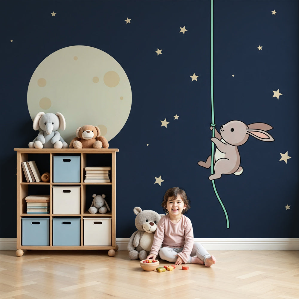 Bunny adventure mural wallpaper with moon and stars in cozy nursery setting by Kids-Mundo