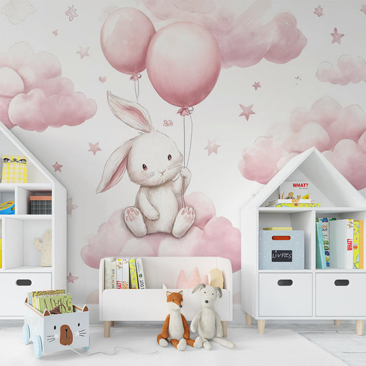 Kids-Mundo pink cloud bunny wall mural decorating a baby girl's bedroom wall