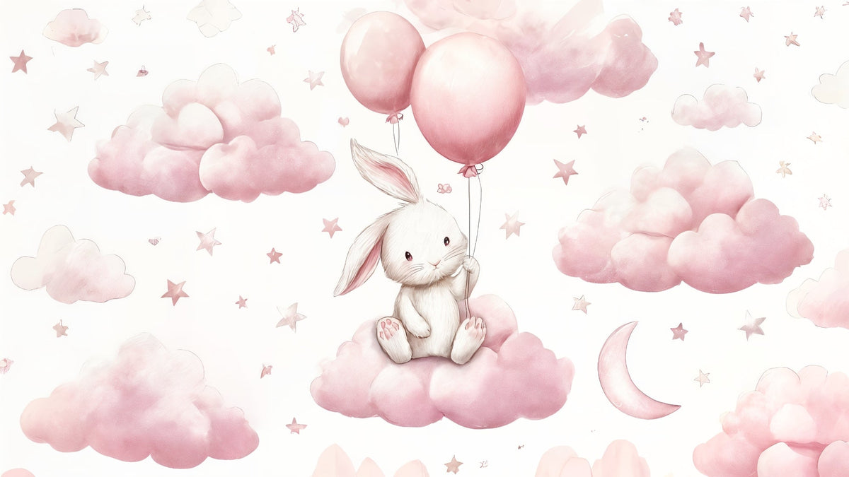 Dreamy Bunny with Balloons on Pink Clouds Wall Mural