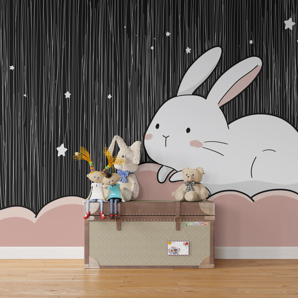Starry bunny cloud wallpaper transforming toddler bedroom into celestial sanctuary