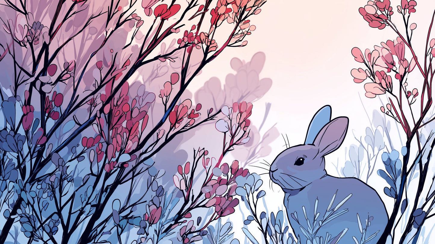 Detailed bunny and floral branches mural wallpaper design pattern in soft pastels by Kids-Mundo