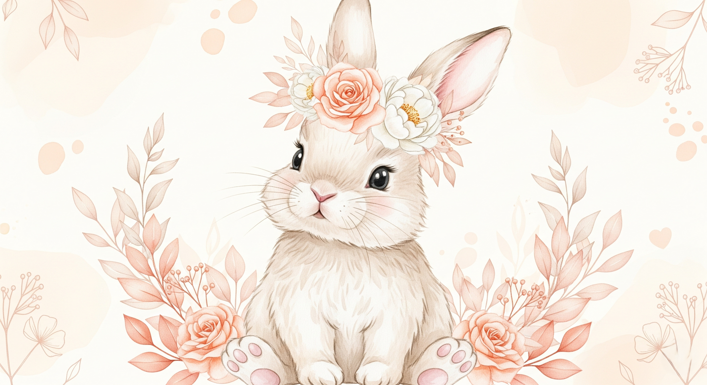 Kids-Mundo flat artwork print of the watercolour bunny with a flower crown design.