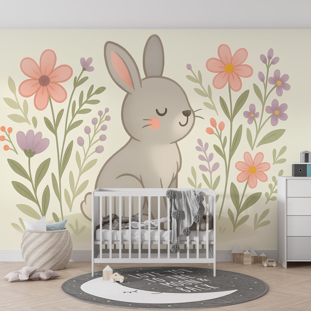 Cute rabbit mural wallpaper creating magical garden atmosphere in children's bedroom decor