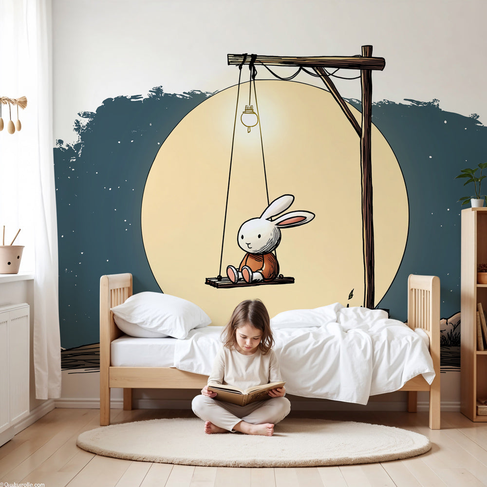 Peaceful bunny wallpaper with moon and stars decorating cozy children's bedroom space