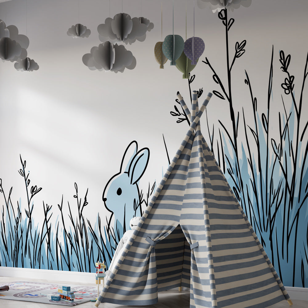 Gentle rabbit wallpaper in soft blue grass design for peaceful children's bedroom by Kids-Mundo