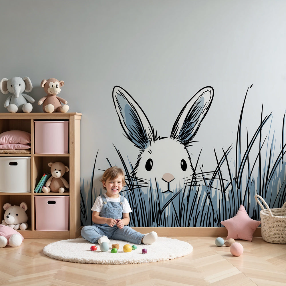 Bunny mural wallpaper creating peaceful nursery decor with curious rabbit in grass design by Kids-Mundo