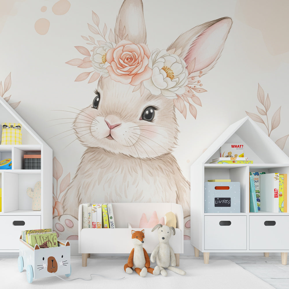 Floral bunny wallpaper creating gentle atmosphere in children's bedroom with wooden furniture