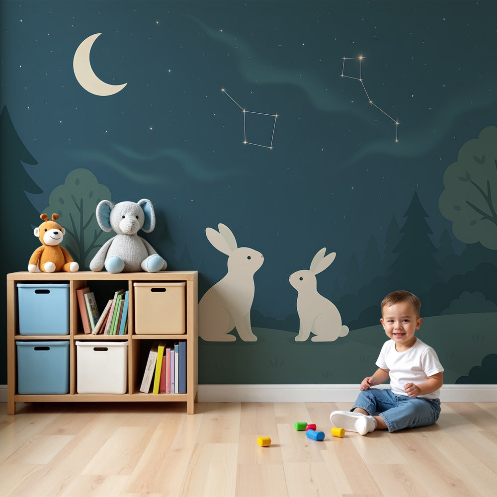 Bunny stars mural wallpaper creating dreamy nursery decor with night sky theme by Kids-Mundo