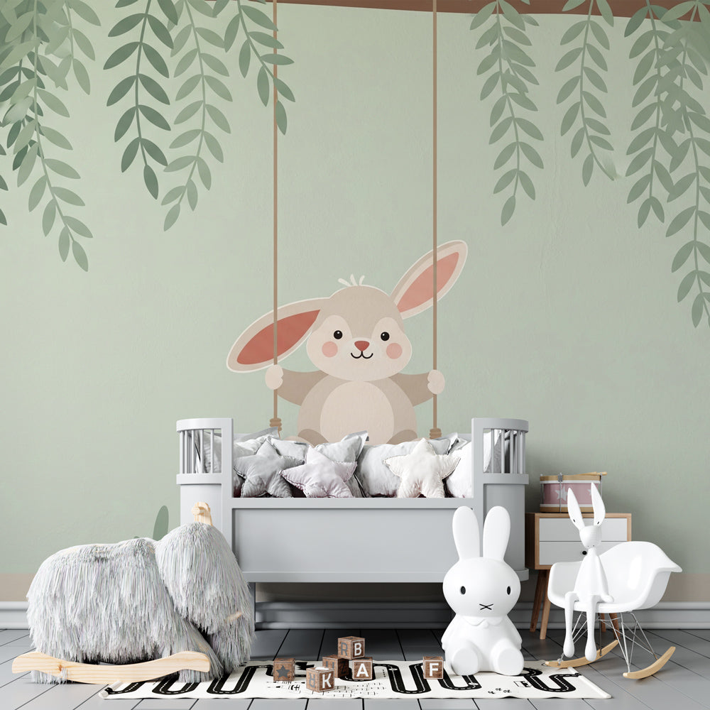 Garden bunny mural wallpaper with swing scene for cozy toddler bedroom by Kids-Mundo