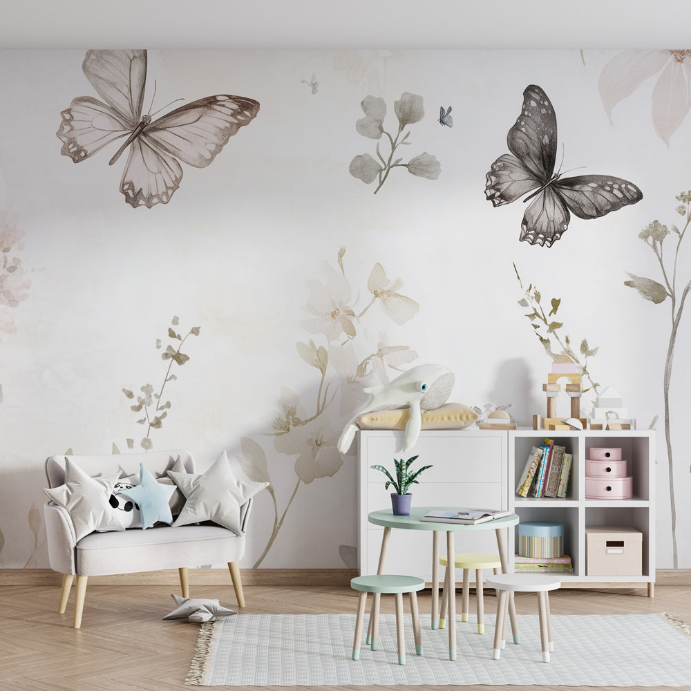 Watercolor butterfly and flower wallpaper creating serene baby bedroom decor atmosphere