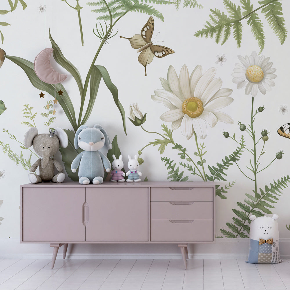 Enchanted forest wallpaper with butterflies and ferns in modern kids bedroom