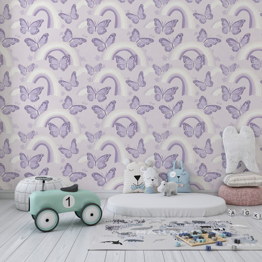 Butterfly rainbow wallpaper creating magical atmosphere in children's bedroom