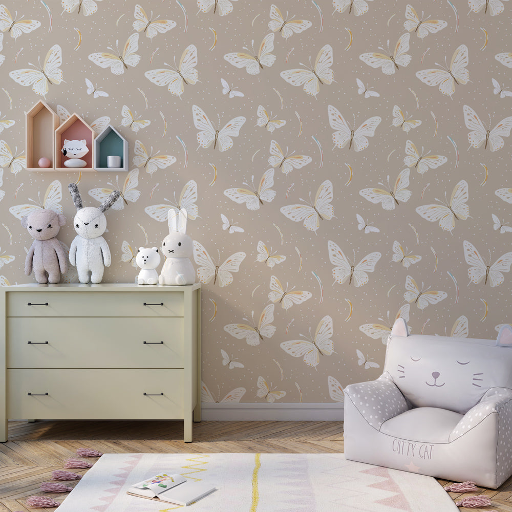 Butterfly wallpaper with beige background decorating modern children's bedroom space