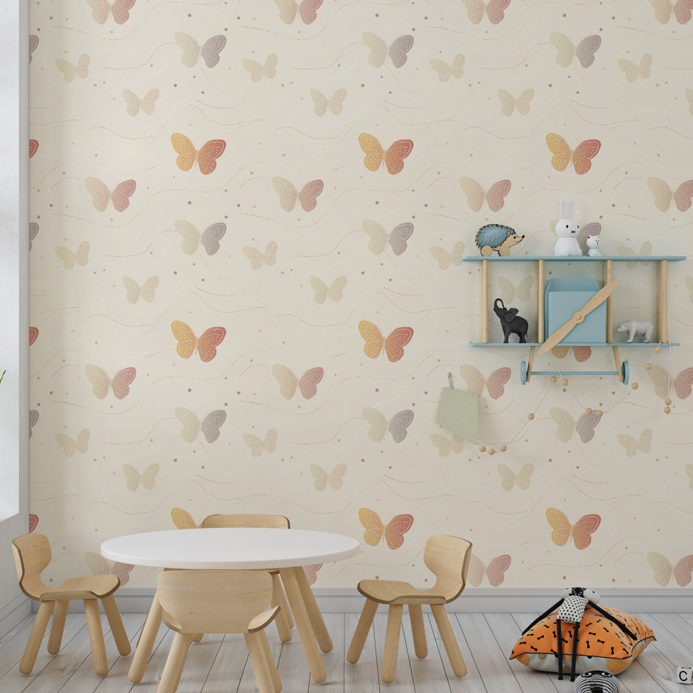 Soft butterfly wallpaper creating dreamy children's bedroom atmosphere with gentle wave patterns
